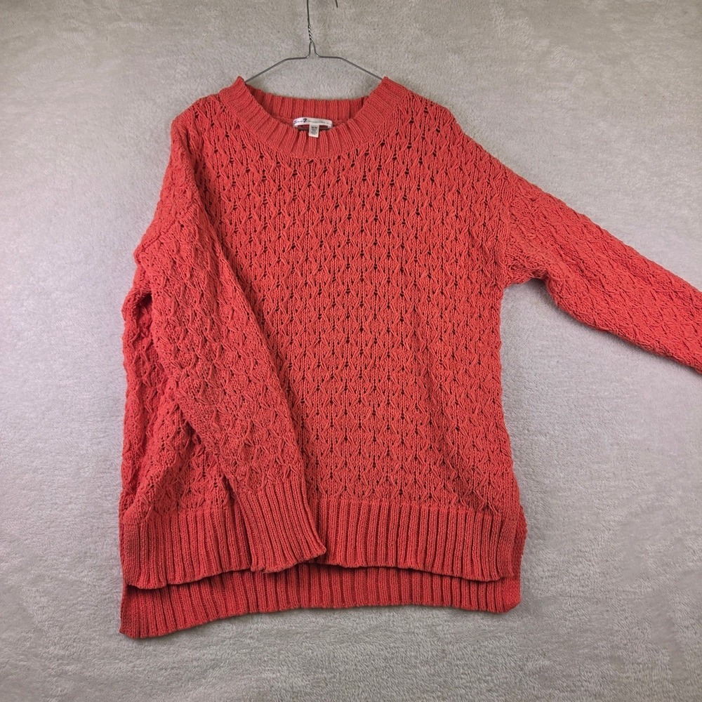 Seven7 Womens Coral Pink Pointelle Open Knit Pullover Sweater Medium High Low